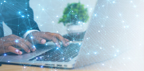 Digital technology, internet network connection, big data, digital marketing IOT internet of things concept. Man using modern computer surfing internet futuristic