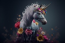  A Unicorn With A Flower Crown On Its Head Standing In A Field Of Flowers And Daisies With A Dark Background With A Black Background With A Black Background With A White Unicorn With A.