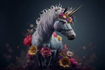 Canvas Print -  a unicorn with a flower crown on its head standing in a field of flowers and daisies with a dark background with a black background with a black background with a white unicorn with a. Generative AI