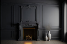 A Traditional Empty Black Interior With A Fireplace, Curtain, Window, Wall Panels, And A Wide Photograph. Generative AI