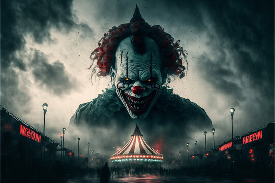 Wall Mural -  - Horror clown and creapy funfair or circus. Concept of evil and fear. Designed using generative ai. 