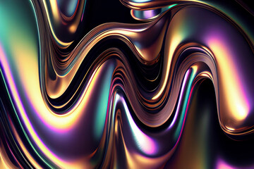 Wall Mural - Iridescent liquid metal surface with ripples. 3d illustration. Abstract fluorescent background. Decoration for futuristic design. Ultraviolet viscous substance. Generating Ai.