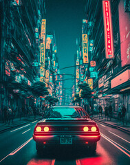 Cars and City Background. Hand drawn Future style illustartion, synthwave and retro style, granular texture Generative AI