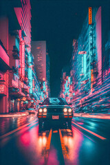 Wall Mural - Cars and City Background. Hand drawn Future style illustartion, synthwave and retro style, granular texture. Generative AI