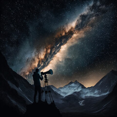  Person with telescope observing the milky way galaxy. Designed using generative ai.