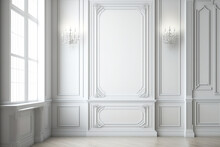 Classic White Interior With Wooden Flooring, Moldings, And Wall Panels. Mock Up For An Illustration. Generative AI