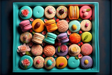 Poster - a box of donuts with different toppings on them and a rose on top of them.