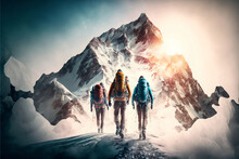 Group Of Mountaineers. Multiple High Alpine Climbers In Front Of A Gigantic Mountain. Designed Using Generative Ai.