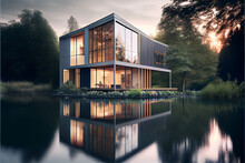 2023 Newest Decor Modern House In The Woods, With A Small Lake In A Wonderful Atmosphere And Sunset