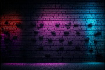 Wall Mural - front view from an old grunge brick wall with an color light gradient from purple to cold blue, 3d octane render