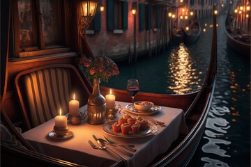 Sticker - a gondola with a canopy and a table on it in a canal at night with lights on the buildings and a couple eating in the water below it.