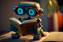 Cute Robot Reading A Book, Cartoon Style, Android Child, Future Art, Ai, Anthropomorphism,  School Life Concept,  Technological Progress, Created With Generative Ai
