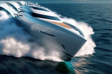 Poster - a large boat is in the middle of the ocean on a stormy day with a dark sky and clouds above it and a boat in the water with a wake of the front of the boat is in the foreground.