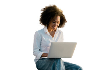 Sticker - A woman uses a laptop, curly-haired in a white shirt isolated transparent background.