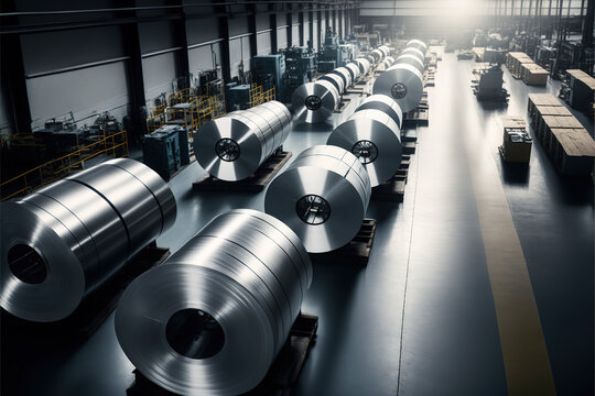 Rolls of metal sheet. Zync, aluminium or steel sheet rolls on warehouse in factory