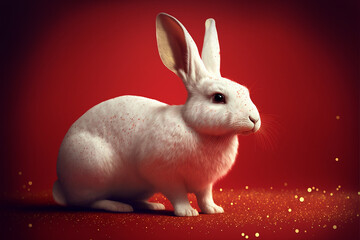 Wall Mural - white fluffy bunny rabbit with golden powder and bokeh on red background generative ai