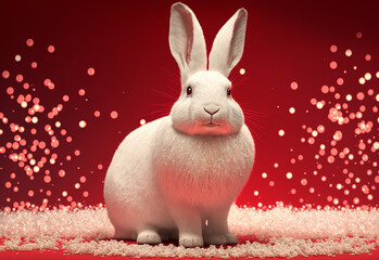 Wall Mural - white fluffy bunny rabbit with snow and golden bokeh on red background generative ai