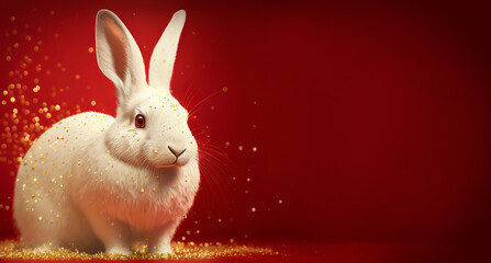 Wall Mural - white fluffy bunny rabbit with golden confetti and bokeh on red background generative ai