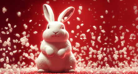 Wall Mural - white fluffy bunny rabbit with snow and confetti on red background generative ai
