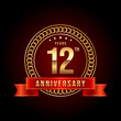 12th Anniversary. Anniversary logo design with gold color text and red ribbon for anniversary celebration event. Logo Vector Illustration
