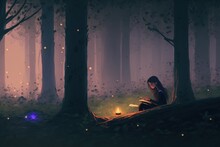 Young Girl Sitting On Grass Reading A Book In The Magical Forest. Generative AI