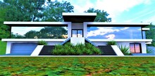 Exclusive Design Of A Cozy Private House In A Forest Clearing. Finished With Glass And White Plaster. Stylish Porch With Dense Plants. 3d Rendering.
