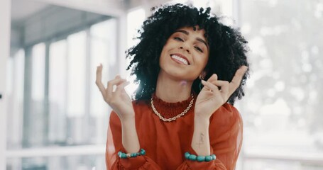 Canvas Print - Hands, peace and face of black woman in the office with happiness, success and leadership in corporate career. Business, mindset and female worker with peace sign for vision, goals and motivation