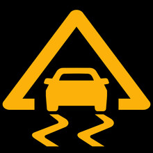 Amber vector graphic on a black background of a dashboard warning light for electronic stability control
