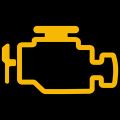 Amber vector graphic on a black background of a dashboard warning light for a problem with the car's engine