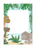 Fototapeta Dziecięca - Baby dinosaurs cartoon photo frame. Dino photo booth prop for party, selfie concept, poster. Cute T-Rex, triceratops and Brachiosaurus on tropical background. Flat style Vector illustration.