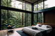 © Lasvu - modern bedroom with views of the outdoors Image. There are sizable windows that look out over the forest and surrounding landscape. Generative AI