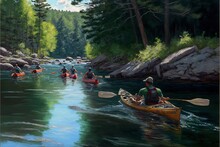 A Painting Of A Group Of People In Canoes Paddling Down A River In The Woods With Rocks And Trees Around Them.
