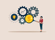 © Vadym - Businesswoman with magnifier dollar money from cog gear production. Optimize cost and expense for better profit strategy. Modern flat vector illustration