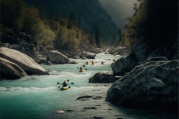 Sticker - a group of people in a raft on a river with rocks and trees in the background and a mountain range in the distance with a few people in the rafts on the water