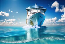 A Large Cruise Ship In The Middle Of The Ocean With A Blue Sky And Clouds Above It And A Wave Coming In From The Water Below It.