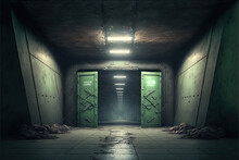 Dark Underground Corridor Hallway Passage With Neon Lights. Architecture Background. Scifi Background. Generative Ai