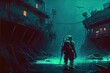 A diver in an underwater flooded city