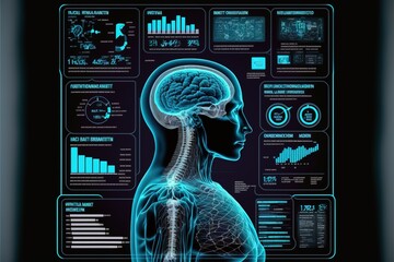 Fototapete - Human body, organs and brain scan with pictures. Hi-tech elements. AI