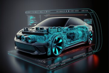 Fototapete - Diagnostic Auto in HUD style. Scan Automobile in 3D visualisation hologram. 3D illustration