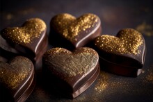 Valentine Dark Chocolate Hearts Dusted With Edible Gold Glitter, Landscape, Background Texture, Generated Ai Art