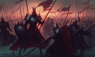 Wall Mural - A jubilant army of knights in plate armor with swords and shields responds to the cry of their holy leader, she is a woman with a huge sword and a long cloak hovering in ozduh like an angel. 2d art