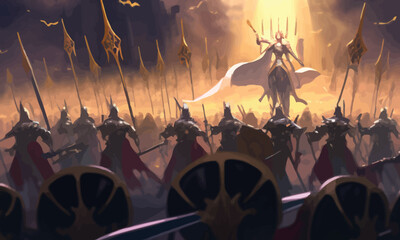 Wall Mural - A jubilant army of knights in plate armor with swords and shields responds to the cry of their holy leader, she is a woman with a huge sword and a long cloak hovering in ozduh like an angel. 2d art