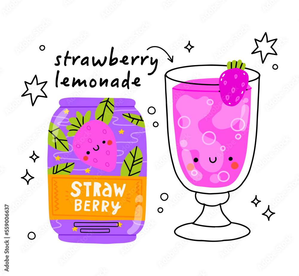 Cute strawberry bootle and glass. Isolated. Vector cartoon character ...