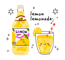 Cute Lemonade Glass And Bottle With Lemonade. Isolated. Vector Cartoon Character Hand Drawn Style Illustration. Kawaii Smiling Lemonade.Hand Drawn Cute Vector For Web,design,print, Isolated On White.