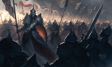 A Jubilant Army Of Knights In Plate Armor With Swords And Shields Responds To The Cry Of Their Holy Leader, She Is A Woman With A Huge Sword And A Long Cloak Hovering In Ozduh Like An Angel. 2d Art