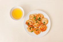 Banh Khot Vung Tau, Vietnamese Mini Savory Pancakes With With Rice Batter And Shrimp, Vietnamese Food Isolated On White Background, Top View