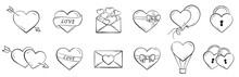 Sketchy Valentines Hearts Set. Romantic And Love Symbols. Valentine's Day Design