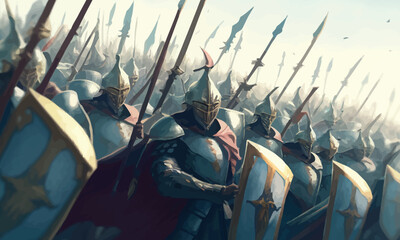 Wall Mural - A jubilant army of knights in plate armor with swords and shields responds to the cry of their holy leader, she is a woman with a huge sword and a long cloak hovering in ozduh like an angel. 2d art