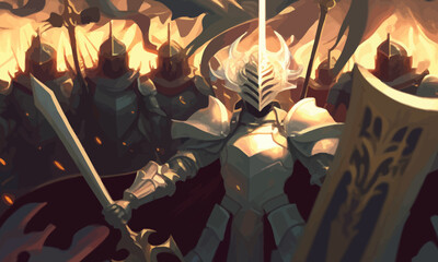 Wall Mural - A jubilant army of knights in plate armor with swords and shields responds to the cry of their holy leader, she is a woman with a huge sword and a long cloak hovering in ozduh like an angel. 2d art