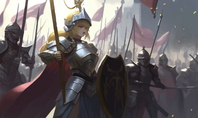 Wall Mural - A jubilant army of knights in plate armor with swords and shields responds to the cry of their holy leader, she is a woman with a huge sword and a long cloak hovering in ozduh like an angel. 2d art